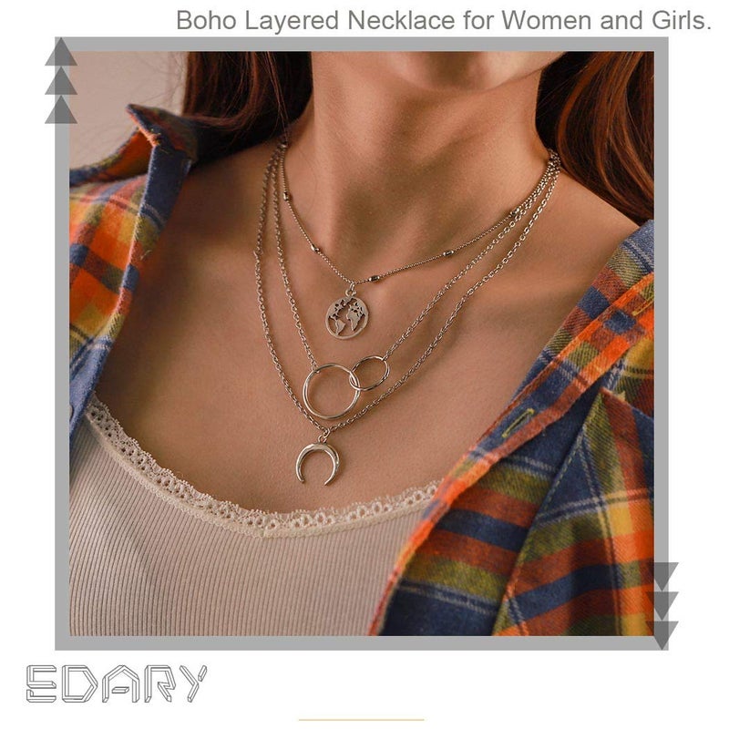 Edary Boho Layered Necklace Moon Necklaces Map Pendant Silver Jewelry for Women(Silver) - Image 5